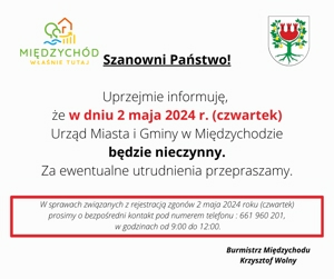 Szanowni Państwo! Uprzejmie informuję, że w dniu 15 kwietnia 2021 roku od godz. 1400 oraz 16 kwietnia 2021 roku Urząd Stanu Cywilnego będzie nieczynny. Za ewentualne utrudnienia przepraszamy..png